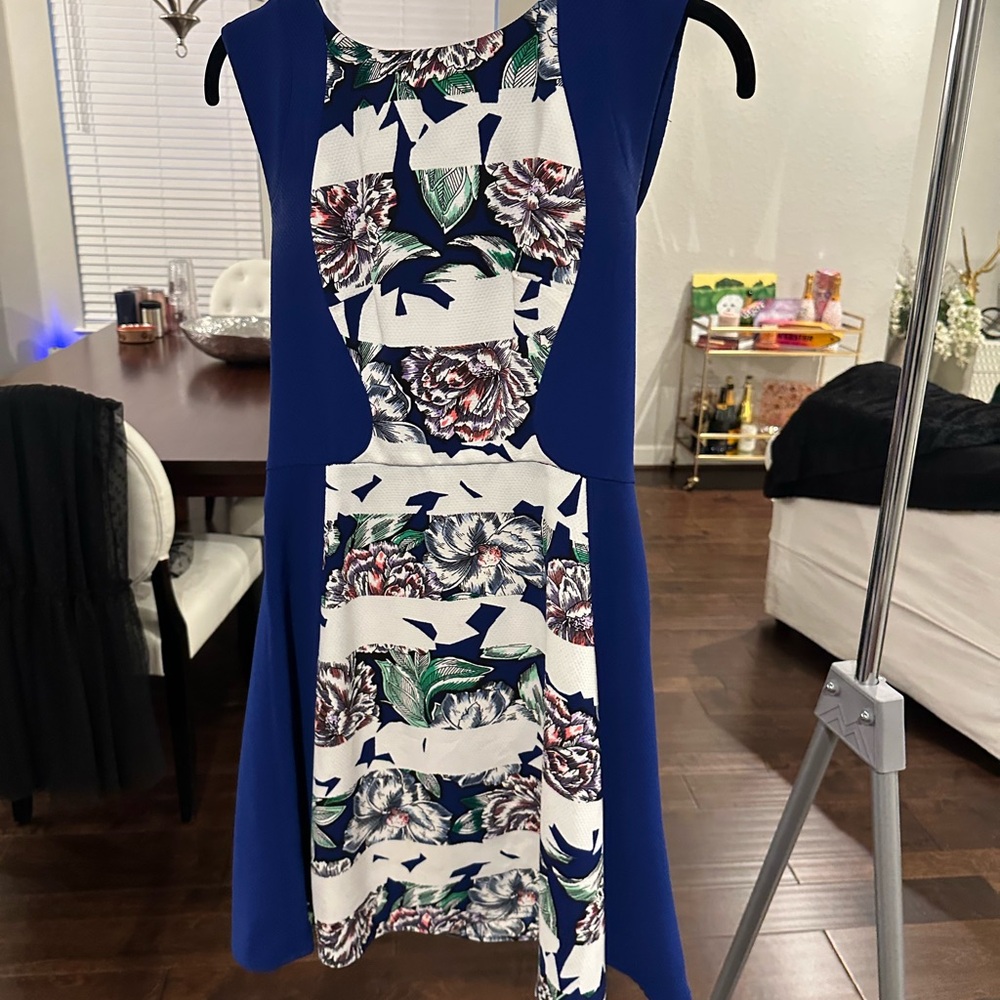 French Connection White and Blue Fit and Flare Mini Dress